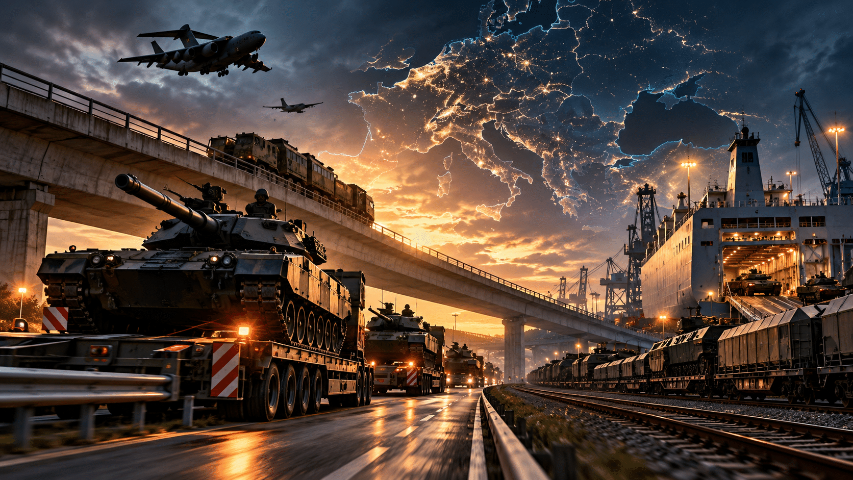 Militärischer logistikkorridor im morgengrauen